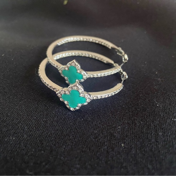 Jewelry - Elegant Silver and Turquoise large Hoop Earrings in silver Designer inspired